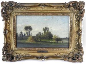Rural Landscape With Farm Labourers Collecting Hay And A Fisherman Beside A Pond