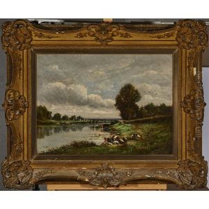 Washerwomen And Cows At A River Bank