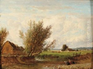 Washerwomen At A Country Stream by Emile Charles Lambinet
