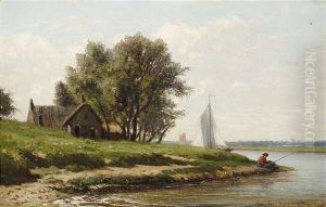 Weite Flusslandschaft Mit Bauernkate Und Angler Weite Flusslandschaft Mit Bauernkate Und Angler