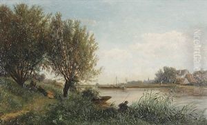 Franzosische Fluslandschaft Mit Einem Am Ufer Sitzenden Angler Im Vordergrund