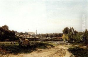 Landscape With Workers In A Field by Emile Charles Lambinet