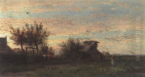 Abendstimmung Uber Gehoft Mit Bauern Und Federvieh - view 1