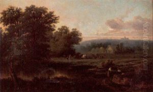 Sommarlandskap Med Figurer, Boskap Och Byggnader - Aftonstamning by Emile Charles Lambinet