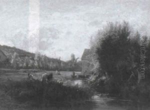 Franzosische Fluslandschaft Mit Weidender Kuhherde by Emile Charles Lambinet