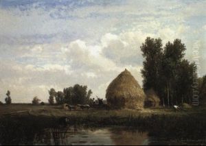 Field Workers By Haystacks by Emile Charles Lambinet