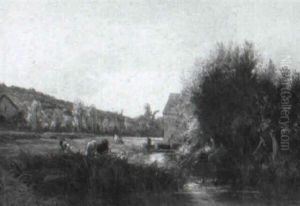 Cows Grazing By A Mill Pond