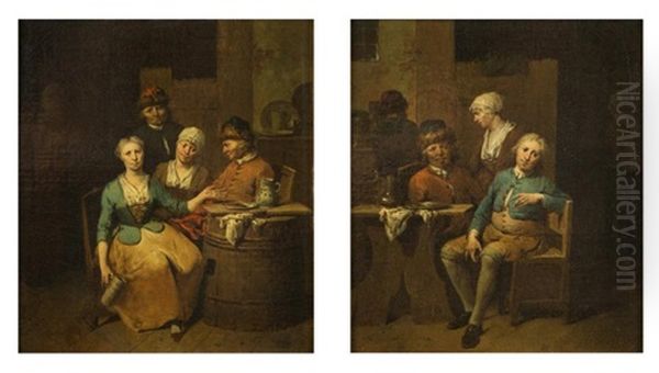 1 - Scene D'estaminet Avec Une Femme Au Pichet Pres De Villageois Autour D'un Tonneau 2 - Villageois Autour D'une Table Avec Pichet Et Plat - view 1