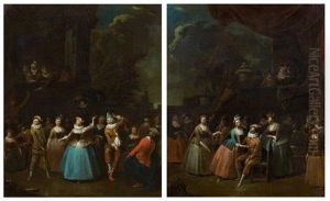 Scene De Carnaval Devant Un Palais Classique Et Arlequin Au Milieu D'elegantes Costumees (pair)