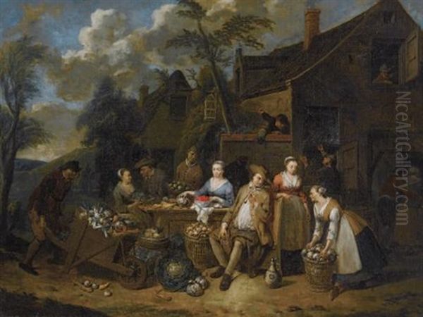 An Elegant Company In A Landscape Amongst Different Fruits And Vegetables, A Man With A Wheelbarrow Entering From The Left (+ An Elegant Company In A Landscape Amongst Different Fruits And Vegetables, A Woman With A Wheelbarrow Entering From The Right; Pa - view 1