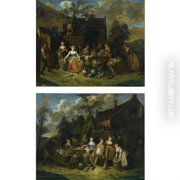An Elegant Company In A Landscape Amongst Different Fruits And Vegetables, A Man With A Wheelbarrow Entering From The Left (+ An Elegant Company In A Landscape Amongst Different Fruits And Vegetables, A Woman With A Wheelbarrow Entering From The Right; Pa - view 1