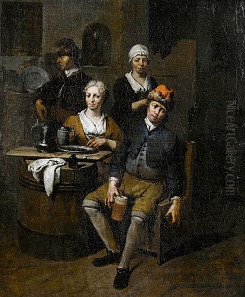 A Tavern Interior With Figures Seated At A Table Drinking - view 1