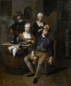 A Tavern Interior With Figures Seated At A Table Drinking