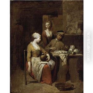 A Tavern Interior With A Gentleman Holding A Pipe And A Maid Holding A Gourd, A Serving Girl Beyond by Jan Baptist Lambrechts