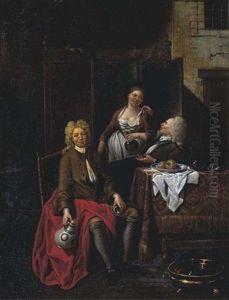 Two Gentlemen Seated At A Table, With Female Company by Jan Baptist Lambrechts
