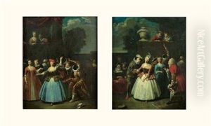 Arlequin Courtisant Une Jeune Femme (+ Arlequin Dans Un Bal; Pair) by Jan Baptist Lambrechts