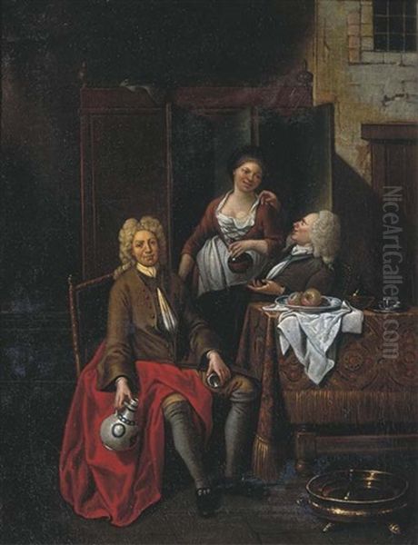 Two Gentlemen Seated At A Table, Together With A Woman In A Tavern Interior - view 1