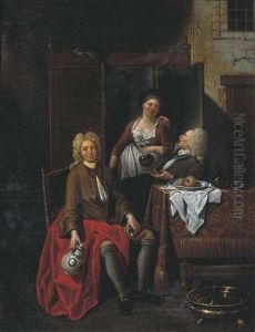 Two Gentlemen Seated At A Table, Together With A Woman In A Tavern Interior