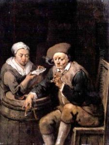 A Peasant Smoking A Pipe With A Woman Reading A Letter At A Table A Peasant Smoking A Pipe With A Woman Reading A Letter At A Table