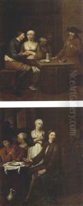 An Interior Of A Tavern With An Amorous Couple At A Table Together, A Man Smoking A Pipe (+ An Interior Of A Tavern With Two Men Drinking Beer At A Table And A Woman Holding A Bottle; Pair) by Jan Baptist Lambrechts