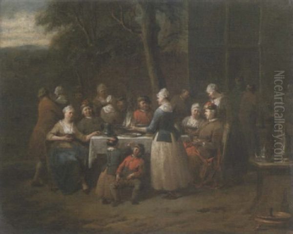 A Family Sitting Around A Table Outside A House - view 1