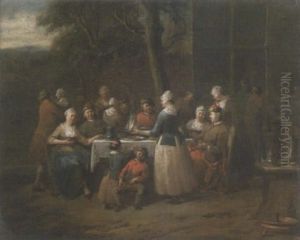 A Family Sitting Around A Table Outside A House