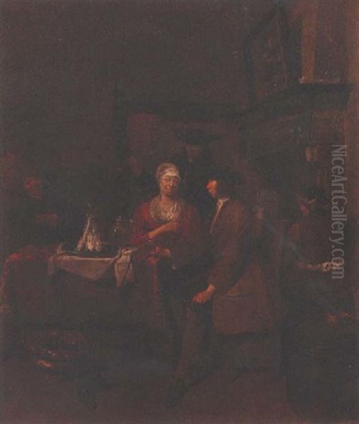 A Tavern Interior With A Number Of Figures Around A Table Beside A Fireplace - view 1
