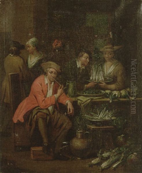 Figures In A Kitchen Interior With Cardoons And Cauliflowers On A Table - view 1