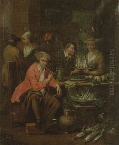 Figures In A Kitchen Interior With Cardoons And Cauliflowers On A Table by Jan Baptist Lambrechts