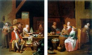 A Traveller And An Elegant Woman Seated By Tables Laden With Vegetables In Kitchen Interior A Traveller And An Elegant Woman Seated By Tables Laden With Vegetables In Kitchen Interior