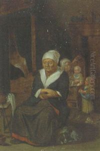A Man Seated By A Fire With Maid Tending An Infant In An Interior A Man Seated By A Fire With Maid Tending An Infant In An Interior