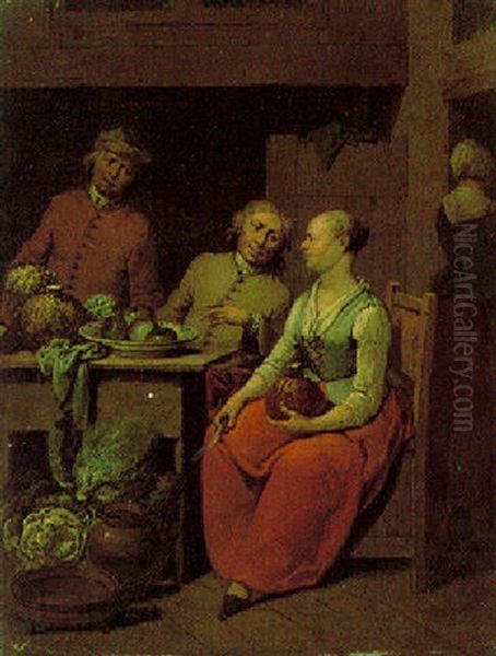 A Kitchen Maid And Her Companion Preparing Vegetables - view 1