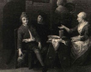 Bauerliches Interieur Mit Drei Personen An Einem Tisch Bauerliches Interieur Mit Drei Personen An Einem Tisch