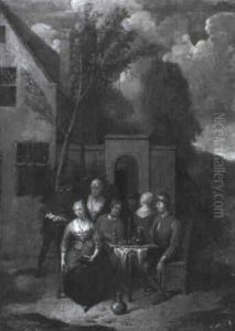 Peasants Gathered Around A Barrel And A Table Outside Taverns
