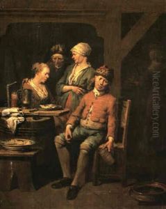 A Peasant Couple Seated At A Table Laiden With Food And Drink, Talking To Two Figures Standing At Their Side by Jan Baptist Lambrechts