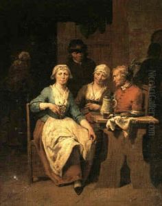 Two Women Seated At A Table Where A Man Is Drinking And     Eating From A Pewter Plate by Jan Baptist Lambrechts
