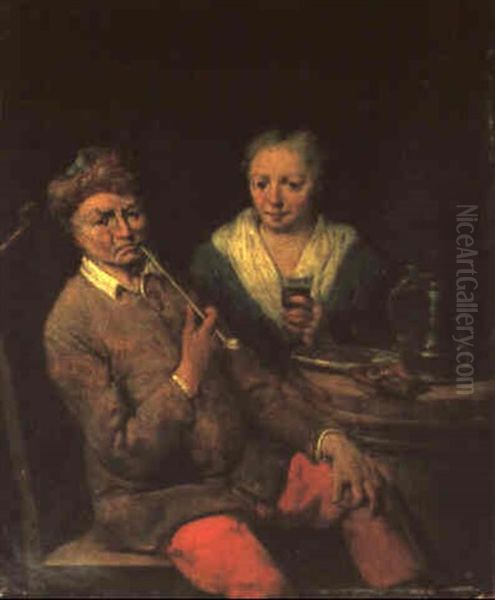 Rauchendes Und Trinkendes Paar Im Wirtshaus - view 1