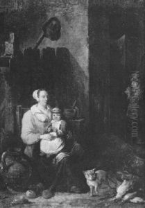 A Mother And Child With A Cat In A Kitchen Interior A Mother And Child With A Cat In A Kitchen Interior
