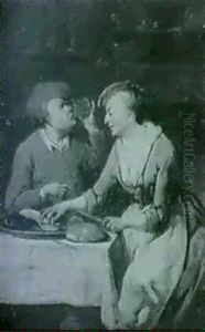 A Couple Eating And Drinking At A Table  An   Amorous Couple Seated At A Table Smelling Flowers...