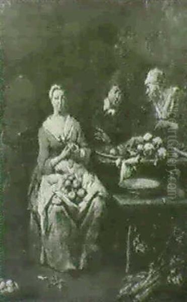 A Kitchen Interior With A Seated Woman Peeling Turnips - view 1