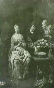 A Kitchen Interior With A Seated Woman Peeling Turnips
