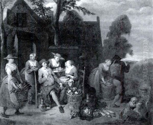 Tavern Courtyard With Peasantspreparing Food For A Banquet - view 1