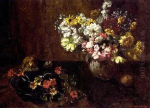 Mixed Flowers In A Glass Vase And Ceramic Bowl