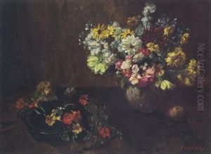 Stilleben Mit Sommerblumenstraus Und Fruchten