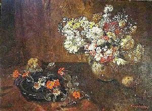 Stilleben Mit Sommerblumenstraus Und Fruchten Auf Einem Tisch