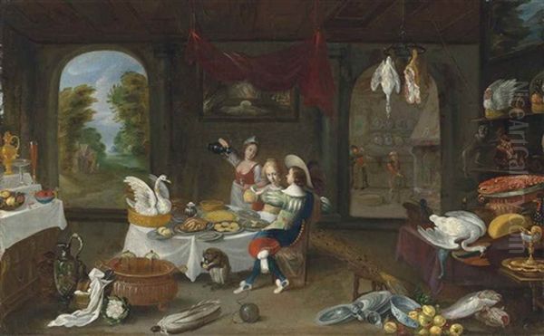 An Interior With A Cavalier And Lady Seated In Conversation At A Repast, With A Servant Pouring Wine And Two Monkeys, Surrounded By Food And Crockery In Disarray - view 1