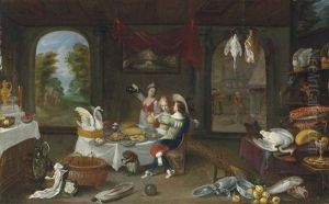 An Interior With A Cavalier And Lady Seated In Conversation At A Repast, With A Servant Pouring Wine And Two Monkeys, Surrounded By Food And Crockery In Disarray