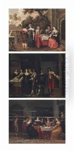 Elegant Company Eating, Drinking And Music-making In A Garden; Elegant Company Drinking And Merry-making In An Interior; And Elegant Company Admiring A Lace Collar And Other Luxurious Objects by Christoffel Jacobsz. Van Der Lamen