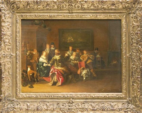 Vornehme Tischgesellschaft, Musizierend, Trinkend Und Lesend An Einer Grosen Tafel Unter Einem Marinegemalde, Am Linken Rand Ein Junger Mann An Einem Buffet Von Prunkgefasen - view 1