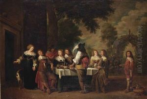 An Elegant Company Dining And Making Merry In A Garden by Christoffel Jacobsz. Van Der Lamen